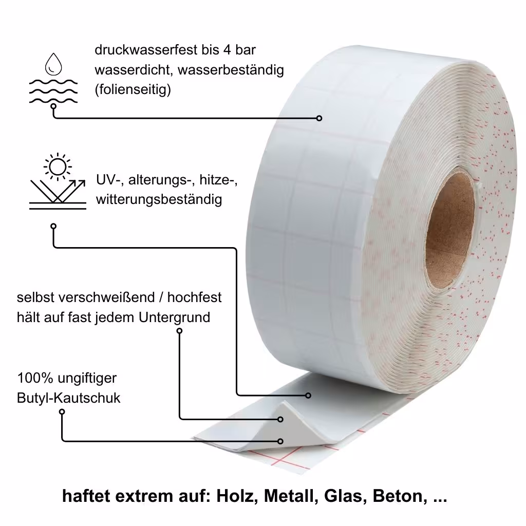 HSF Wohnmobil Toilettenschacht-Abichtungsband weiß - selbst verschweißend - 1mm x 45 mm x 10m - Butyldichtband mit weißem Butyl und weißer Folie