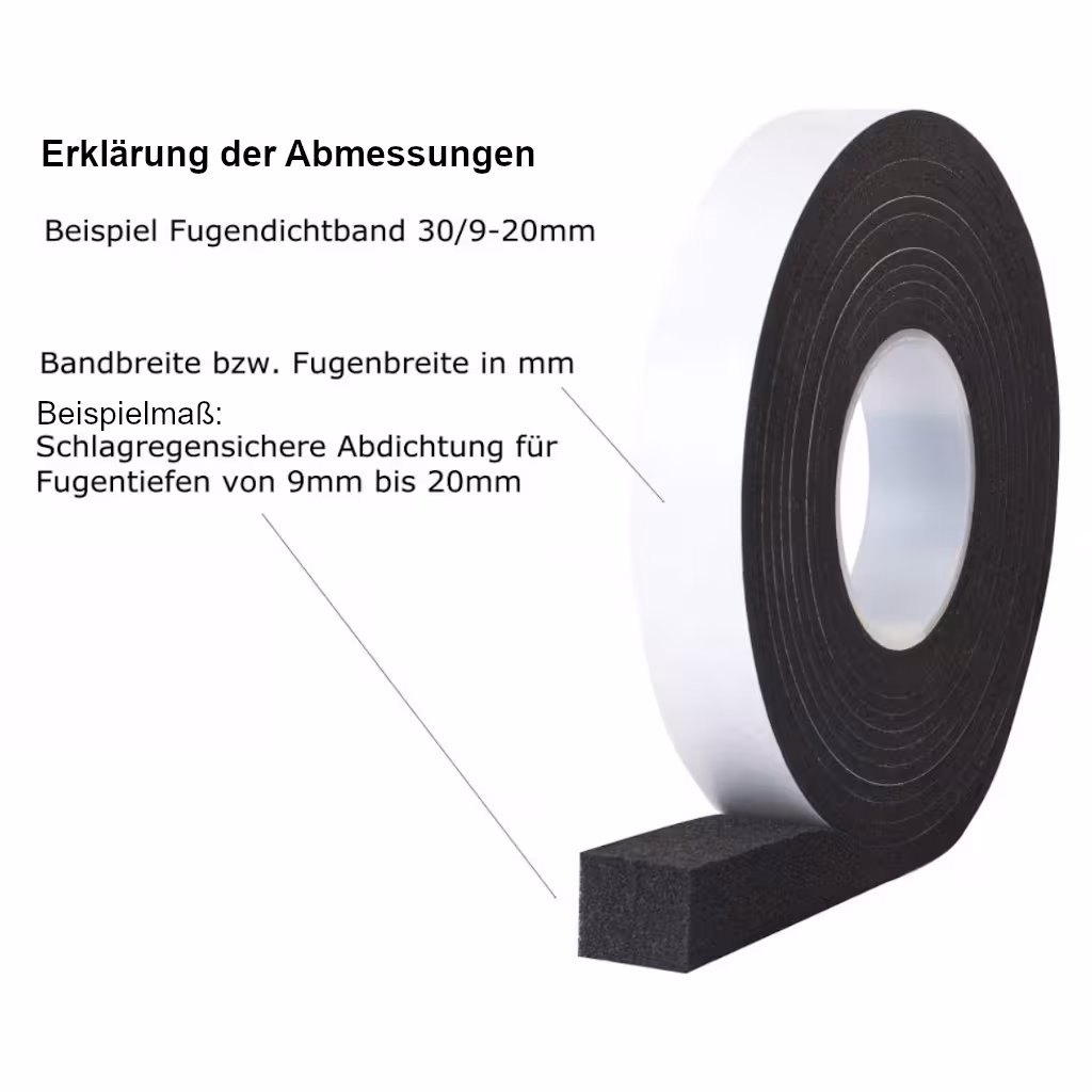 HSF Fugendichtband 600 2-6mm 12m Rolle grau oder schwarz diverse Breiten - Erklärung Abmessungen anhand Beispiel Fugendichtband