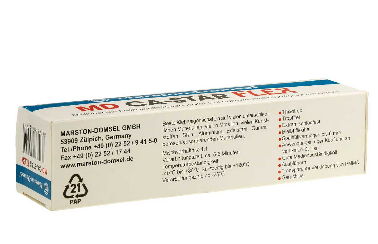 MD CA-STAR Flex - 2K-Kleber - in praktischer 4:1 Doppelspritze - 10 g - 2K Sekundenkleber MD CA-STAR FLEX Verpackung mit Schrift