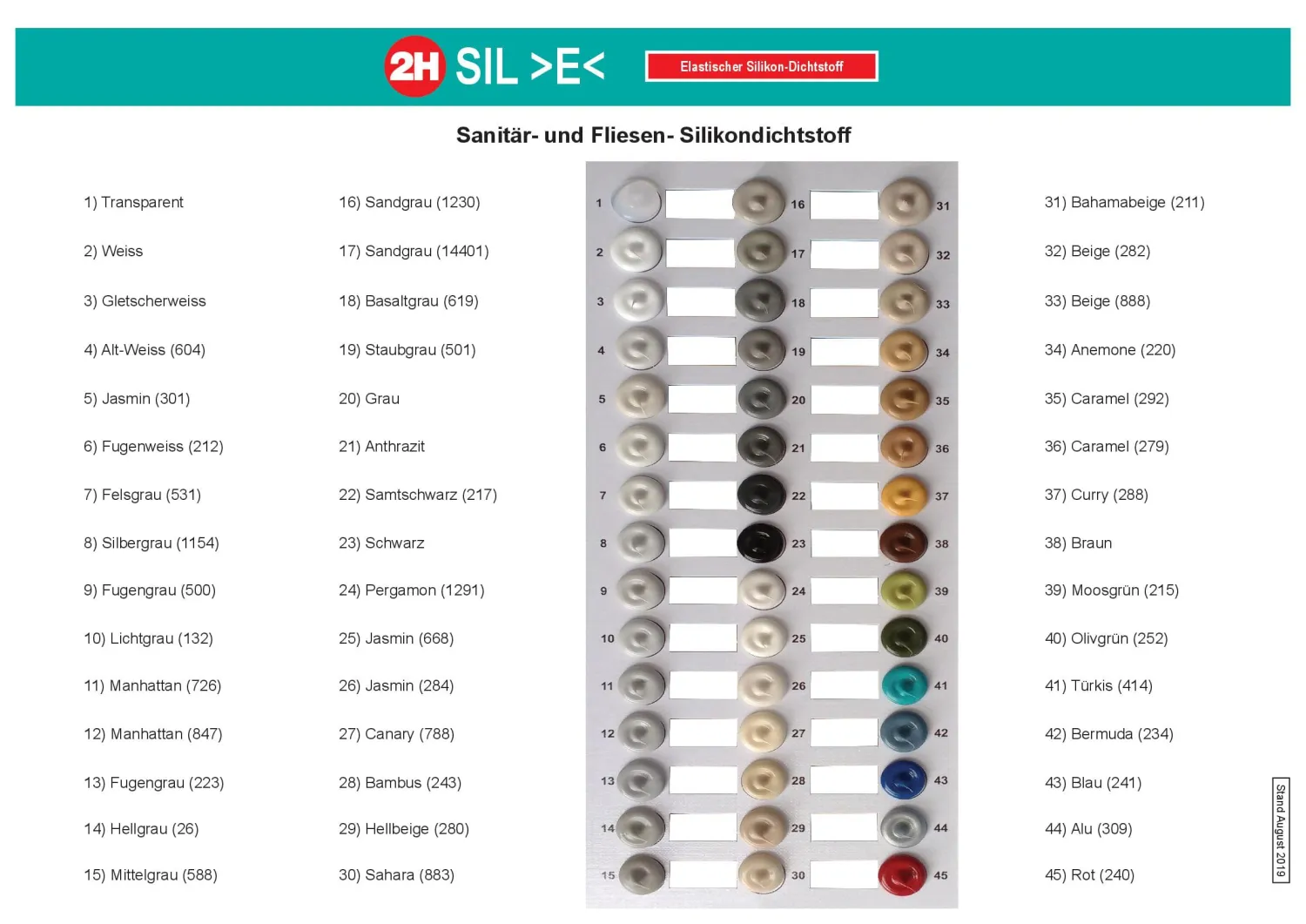 2H SIL E basaltgrau 619 - Sanitärsilikon / Fliesensilikon - 310ml Kartusche - Farbkarte 2H SIL E